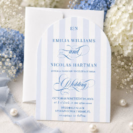 Convite Casamento com Monograma Listrado Azul e Branco