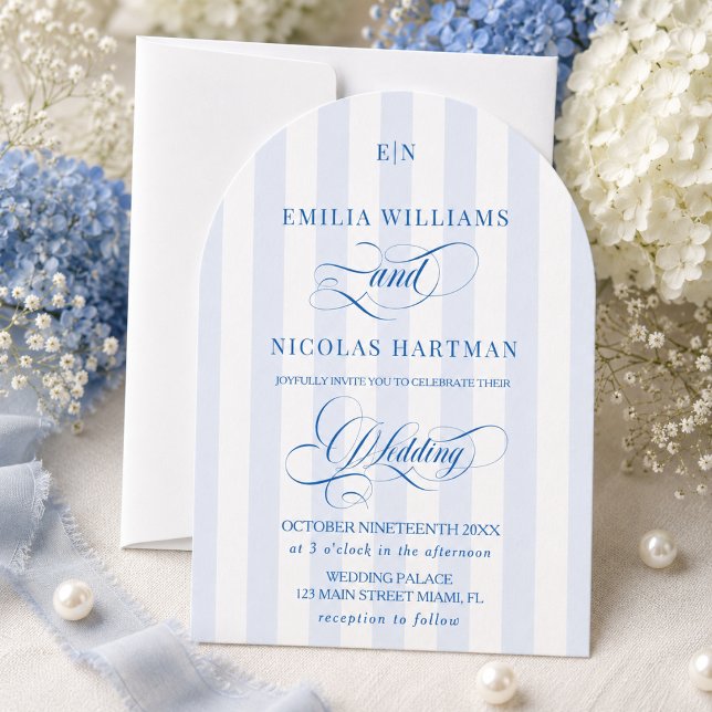 Convite Casamento com Monograma Listrado Azul e Branco (Criador carregado)