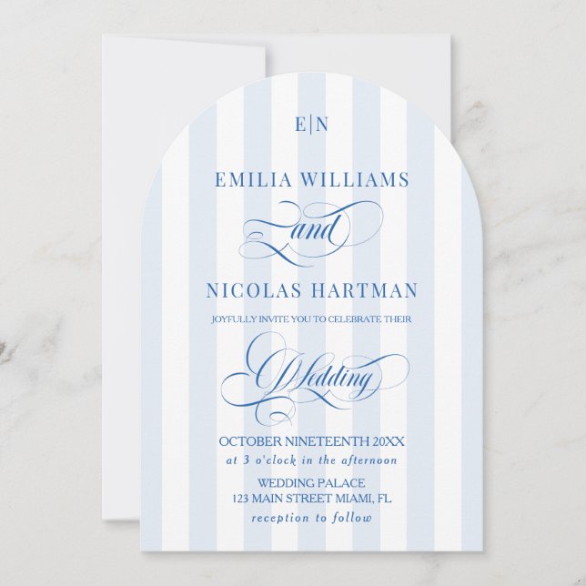 Convite Casamento com Monograma Listrado Azul e Branco (Frente)