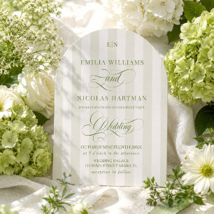 Convite Casamento com Monograma Listrado de Verde e Branco