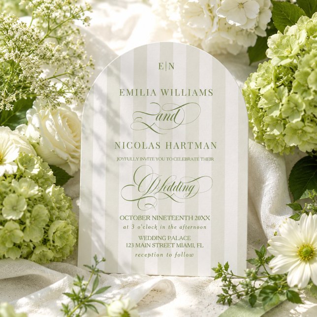 Convite Casamento com Monograma Listrado de Verde e Branco (Criador carregado)