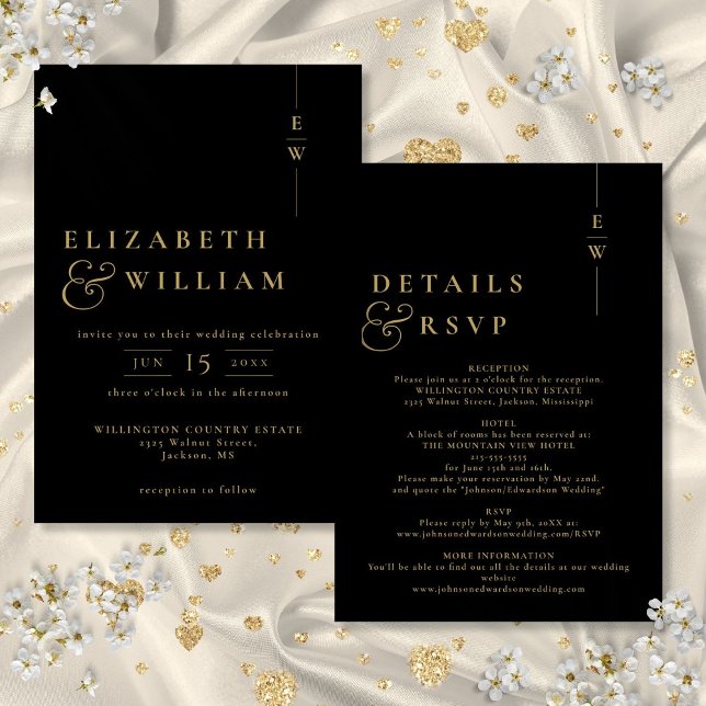 Convite Casamento com Monograma Moderno Preto e Dourado (Black And Gold All In One Modern Monogram Wedding Invitation)