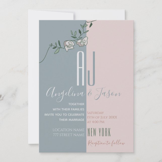 Convite Casamento com Monograma Moderno Rosa Bege Azul (Frente)