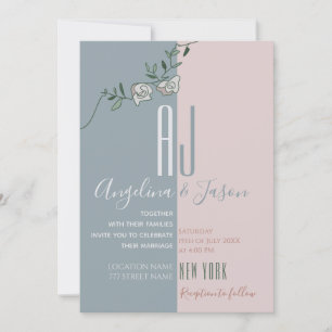 Convite Casamento com Monograma Moderno Rosa Bege Azul