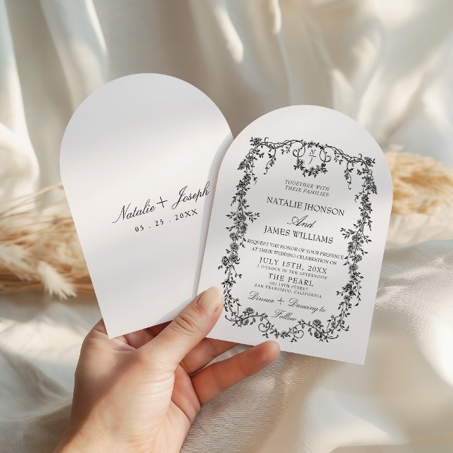 Convite Casamento com Monograma Preto e Branco Arqueado co (Criador carregado)