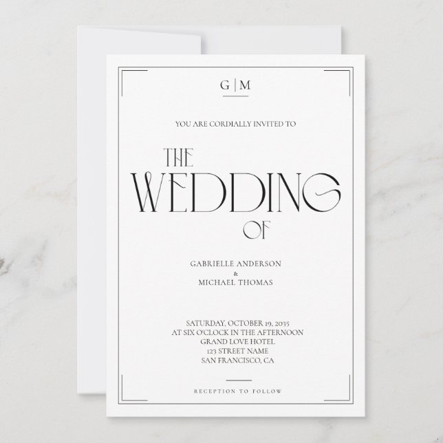 Convite Casamento com Monograma Preto e Branco Minimalista (Frente)