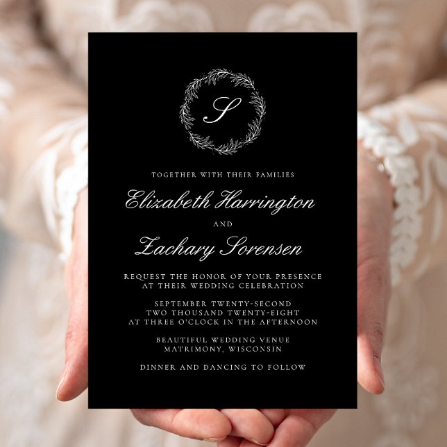 Convite Casamento com Monograma Preto e Coroa em Branco (Criador carregado)
