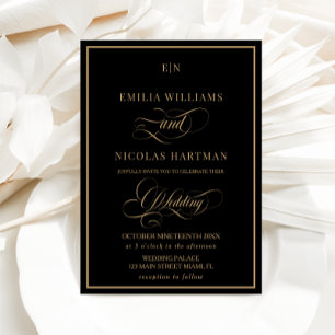 Convite Casamento com Monograma Preto e Dourado