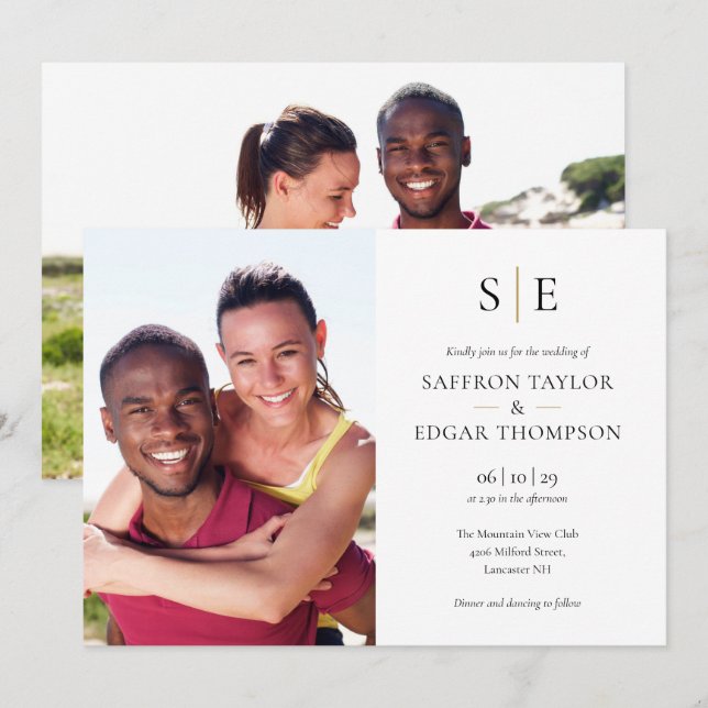 Convite Casamento com Monograma Preto e Dourado Chic 2 Fot (Frente/Verso)