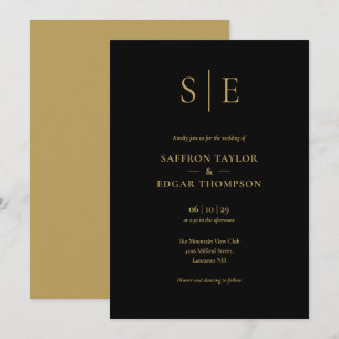 Convite Casamento com Monograma Preto e Dourado Elegante