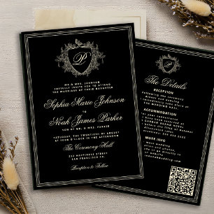 Convite Casamento com monograma QR formal em marfim preto