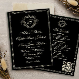 Convite Casamento com monograma QR formal em marfim preto