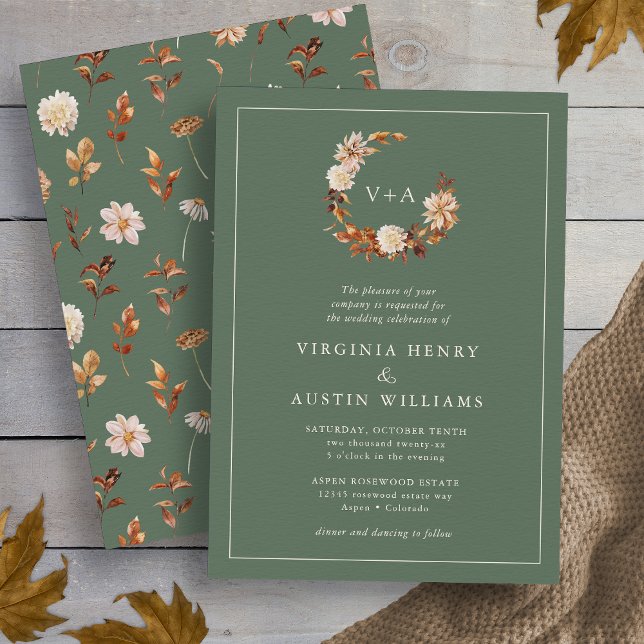 Convite Casamento com Monograma Sage (Autumn Leaves Sage Green Monogrammed Wreath  Wedding Invitation by Painted Paperie
)