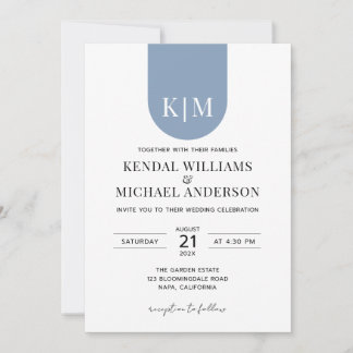Convite Casamento com monograma simples branco azul empoei