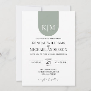Convite Casamento com monograma simples branco verde empoe