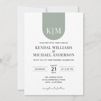 Convite Casamento com monograma simples branco verde empoe