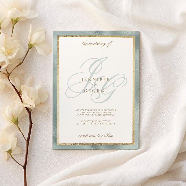 Convite Casamento com monograma verde de horta dourada leg (Elegant gold mint green monogram initials wedding)