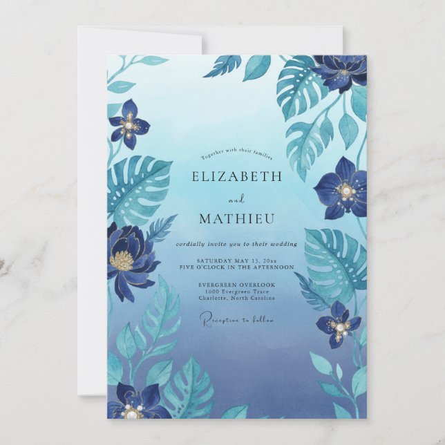 Convite Casamento com Monstera de Eucalipto Tropical Índig (Frente)