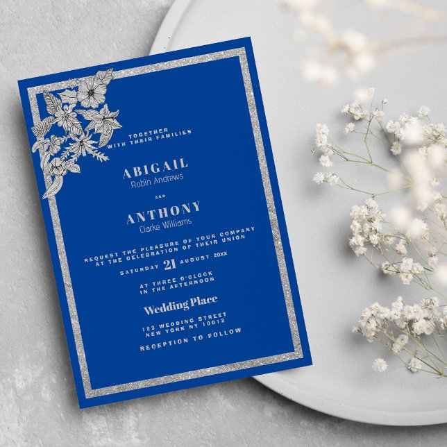 Convite Casamento com Na moda Floral Real de Prata Azul (Royal Blue Silver Glitter Floral Stylish Wedding Invitation )