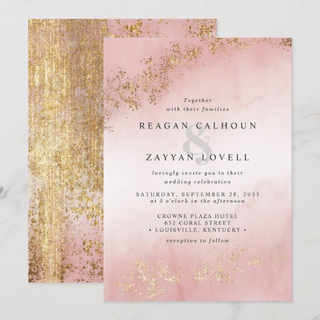 Convite Casamento com Neblina Rosa Bege Luxo Moderno com R (Frente/Verso)