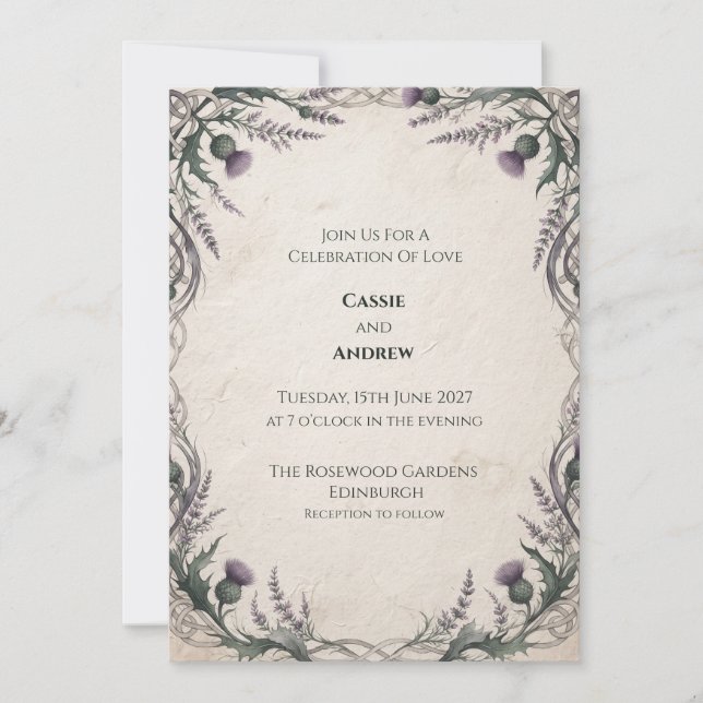 Convite Casamento com Nó Celta de Cardo Roxo Marfim (Frente)