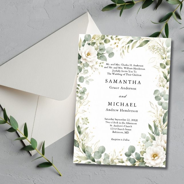 Convite Casamento com Nome dos Pais Eucalipto Floral Branc (Eucalyptus Greenery Botanical White Florals Both Parents Names Wedding Invitation. )