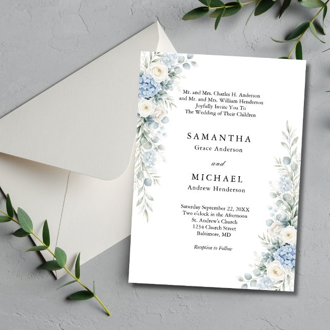 Convite Casamento com Nomes dos Pais em Azul Empoeirado co (Dusty blue, cream and white watercolor florals elegant traditional wedding invitation)