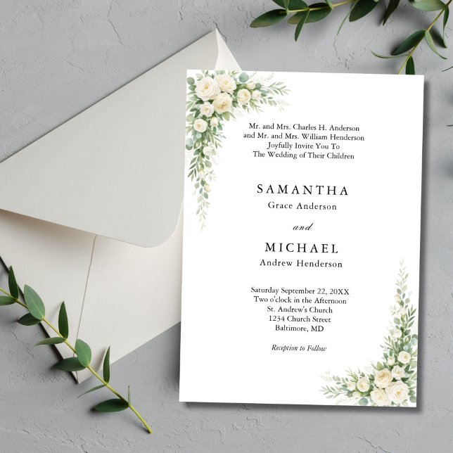Convite Casamento com Nomes dos Pais em Flores de Creme Br (White Cream Watercolor Florals Roses Elegant Traditional Classic Wedding Invitation)