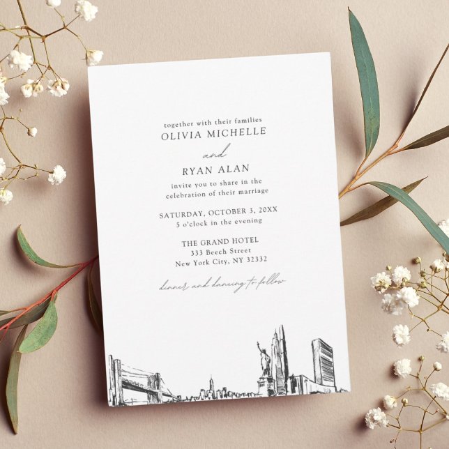 Convite Casamento com Nova Iorque preto e branco do Skylin (Modern Skyline Black & White New York City Wedding Invitation)
