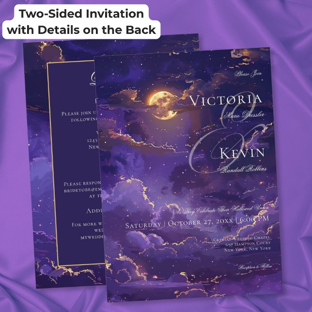 Convite Casamento com Nuvens Iluminadas pela Lua em Roxo S (Dark Moody Purple & Gold Moonlit Clouds Wedding Invitation)