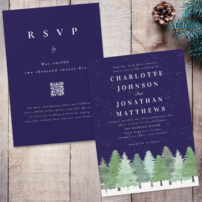 Convite Casamento com o Código QR Azul do Marinho da Flore (Modern watercolor Woodland snow forest navy blue and white winter wedding qr code invitation)