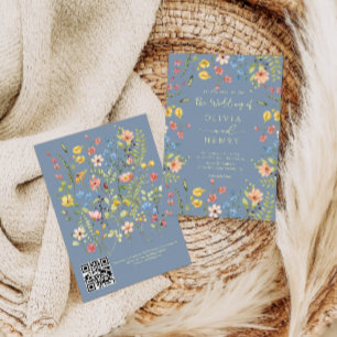 Convite Casamento com o Código QR Azul Moderno de Flores S