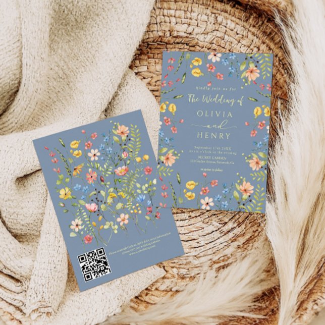 Convite Casamento com o Código QR Azul Moderno de Flores S (Criador carregado)