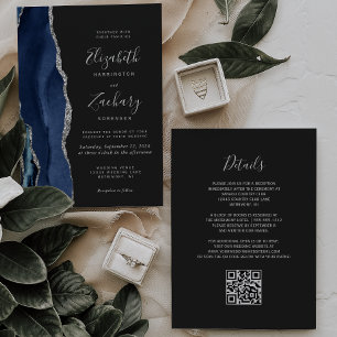 Convite Casamento com o Código QR Dark Marinho Azul Prata 