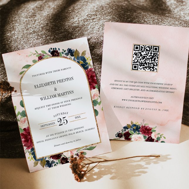 Convite Casamento com o Código QR do Frame Floral do Arch  (Criador carregado)