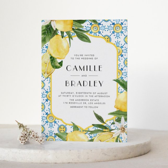 Convite Casamento com o Código QR dos Padrões de Azulejo e (Watercolor Moroccan Tile and Lemon Design Mediterranean QR Code Wedding Invitation)