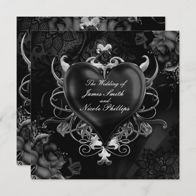 Convite Casamento com o Coração do Amor Gótico Vermelho e  (Frente/Verso)