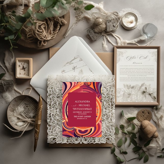 Convite Casamento com o padrão de abstrato do Groovy 70s (Criador carregado)