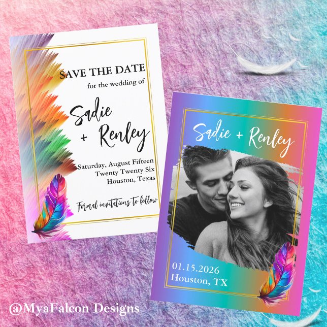 Convite Casamento com o Rainbow Feather Salve a Data (Criador carregado)