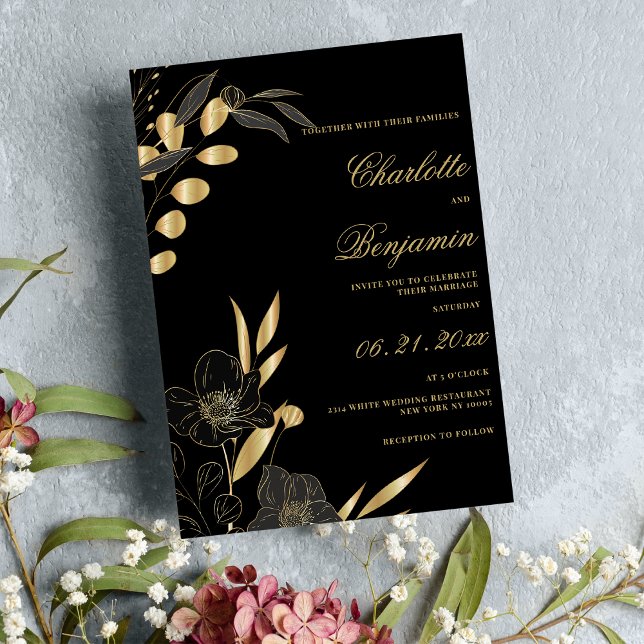 Convite Casamento com o tema floral elegante do ouro do lu (Luxury gold black elegant floral theme wedding)