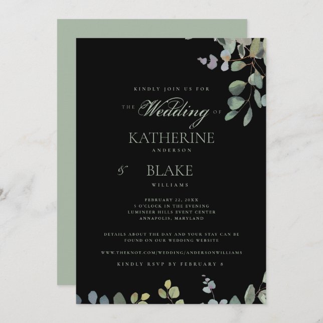 Convite Casamento com o website Elegante Grace Black Eucal (Frente/Verso)