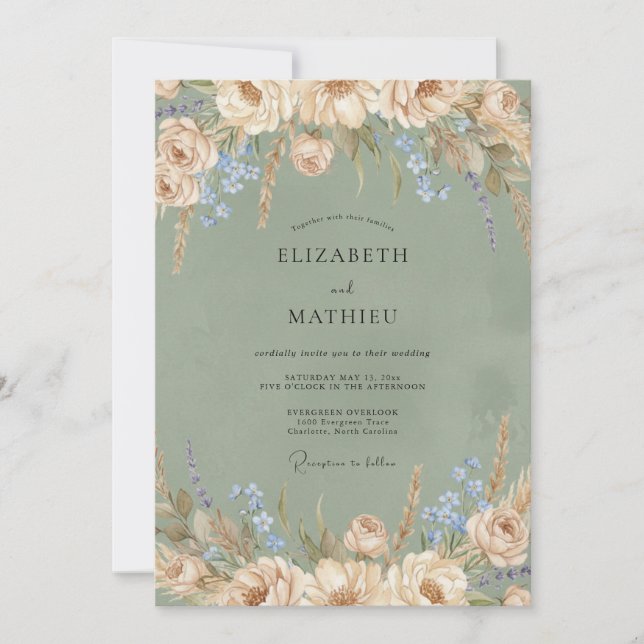 Convite Casamento com Oliva Champanhe Prado Eucalipto (Frente)