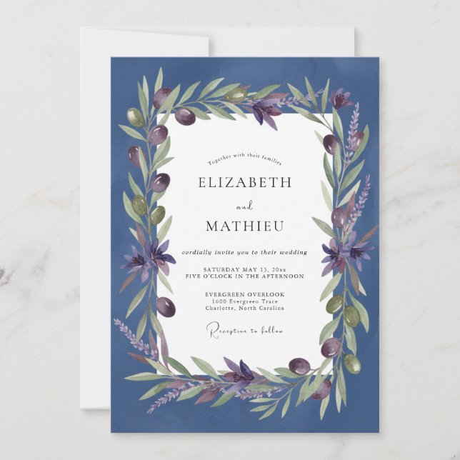 Convite Casamento com Oliva Lavanda Eucalipto Índigo (Frente)