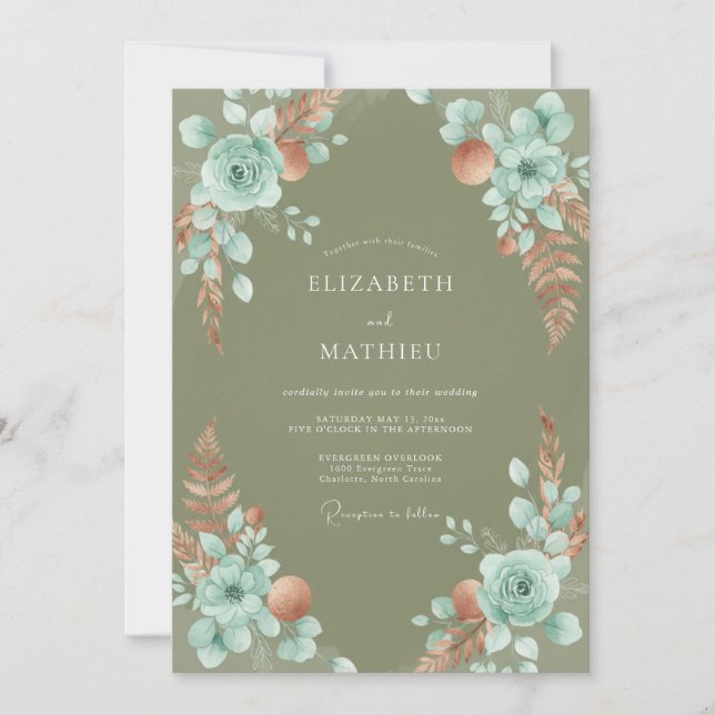Convite Casamento com Olive Aqua Pampas Eucalipto (Frente)