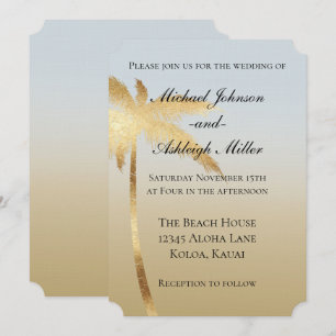 Convite Casamento com Ombre de Palmeira Azul Dourado