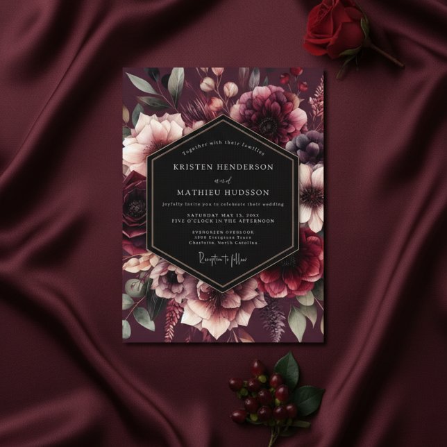 Convite Casamento com Opulência Floral Borgonha (Criador carregado)