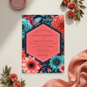 Convite Casamento com Opulência Floral Turquesa