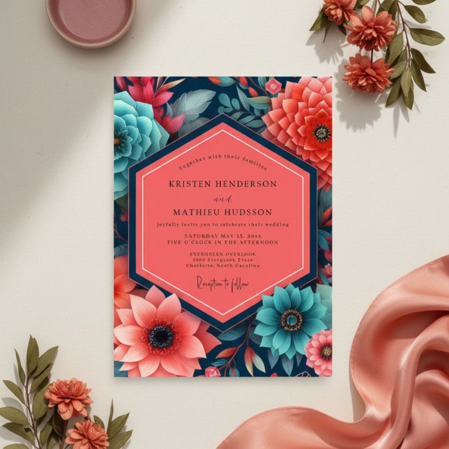 Convite Casamento com Opulência Floral Turquesa (Criador carregado)