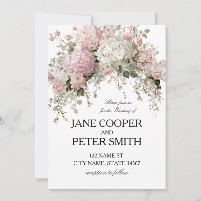Convite Casamento com orçamento de hortênsias e rosas past (Frente)