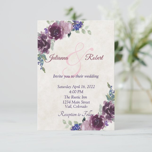 Convite Casamento com orçamento floral de aquarela roxa (Em pé/Frente)